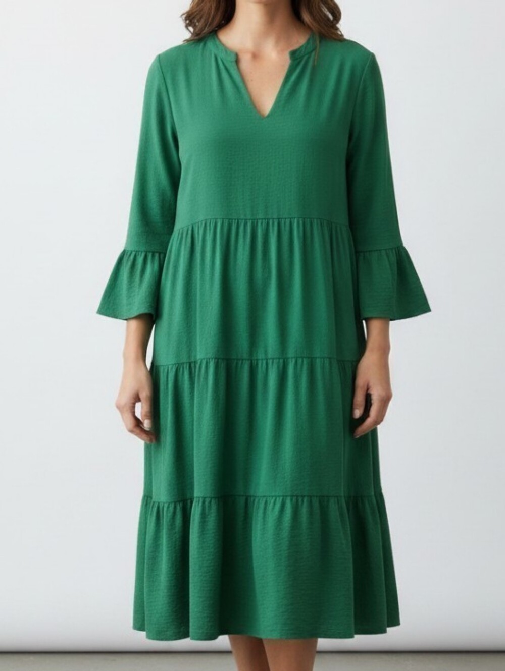 J. Jill Emerald Green Tiered V-Neck Midi Linen-blend Dress SP